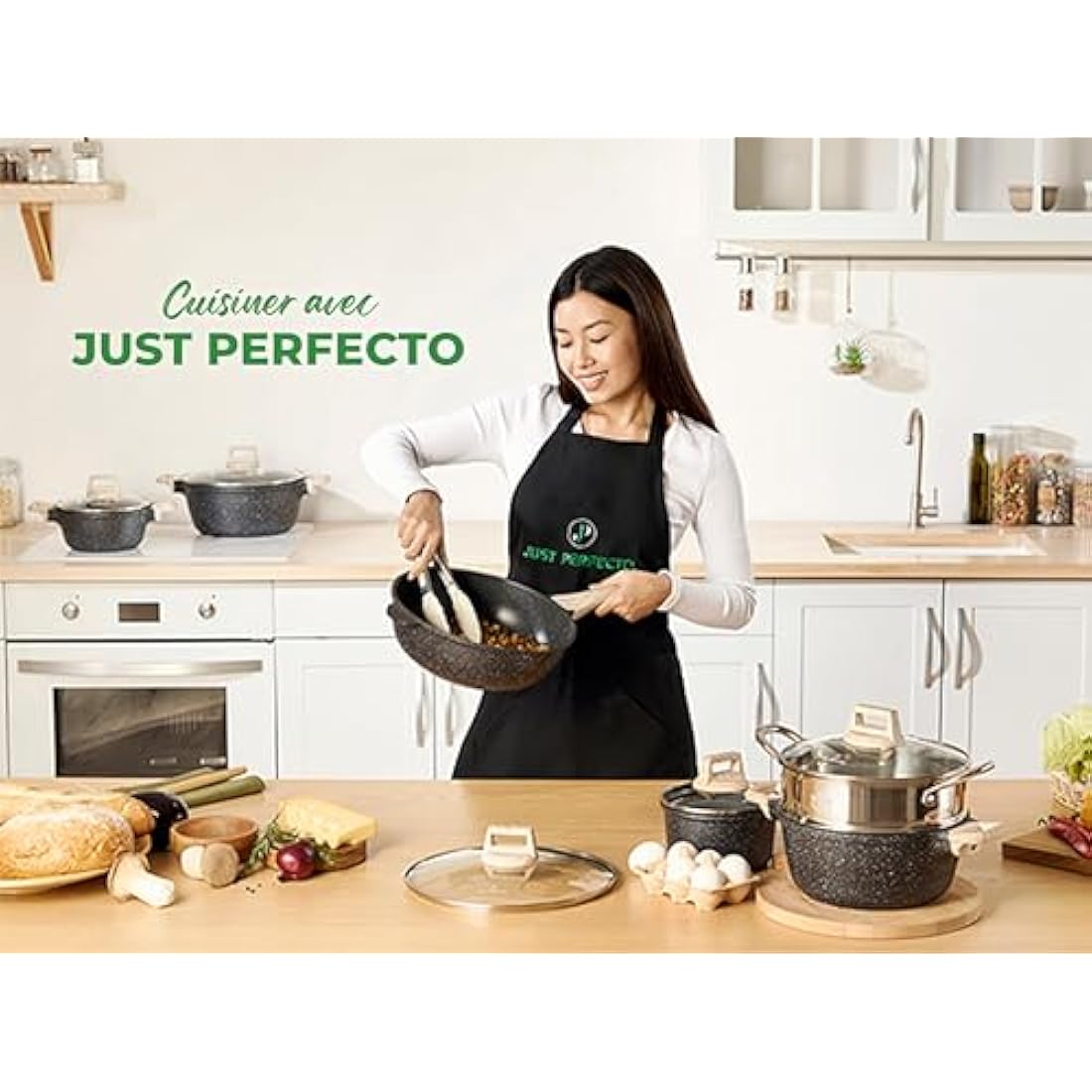 Just Perfecto pots and Pans Sets Non Stick, Induction hob pan Set, Saucepan Set, Non Stick Frying pan Set with lid Stock Pot, deep Frying pan, pots and Pans Set Granite cookware Set (21 Pcs Black)