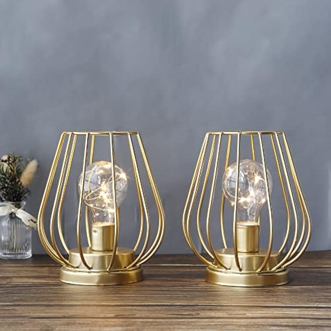 TRIROCKS 2 Set of Metal Battery Operated Table Lamp 17cm Tall Mini Cage Shape Cordless Lanterns with Warm Fairy Lights Bulb for Patio Garden Wedding Parties Indoor Outdoor (Gold)
