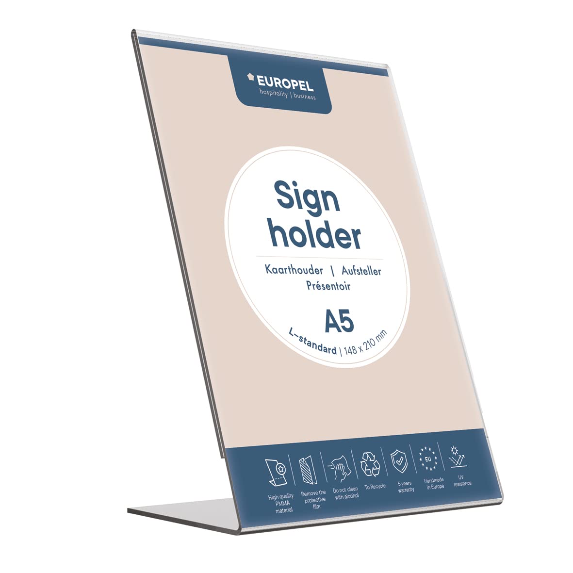 Europel Sign Holder, L-Standard, A5 Size, Portrait – Clear Acrylic Poster, Menu & Leaflet Display Holder for Restaurants, Hotels