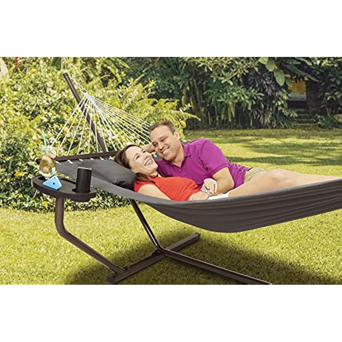 Vita5 Hammock Stand with Sidetable, Garden Hammocks 2 Persons, Side Table & Detachable Pillow, Heavy Duty 200kg Capacity, Indoor and Outdoor Hammock for Patio, Pool or Backyard (Dark Grey)