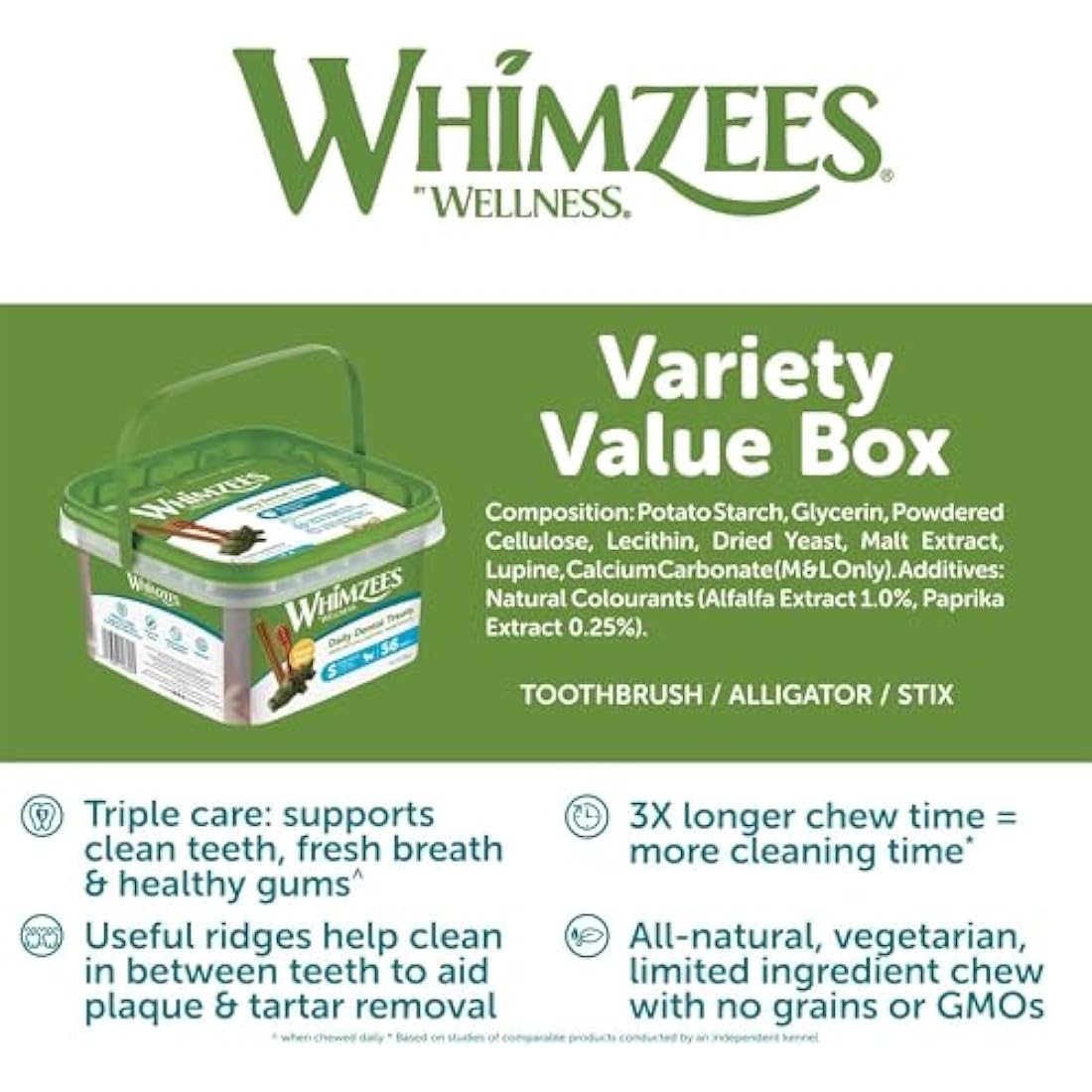WHIMZEES By Wellness Variety Box Dental, Mixed Shapes, Size S, 56 Pieces, Natural and Grain Free Dog Chews, Dog Dental Sticks for Small Breeds, No Added Sugar