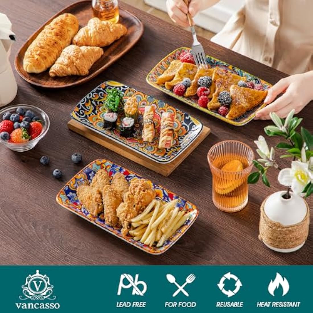 vancasso SIMI Serving Platter, 9.5 in Small Serving Dishes, Porcelain Rectangle Serving Plates Set of 6, Dishwasher and Microwave Safe, Sushi Platters for Party