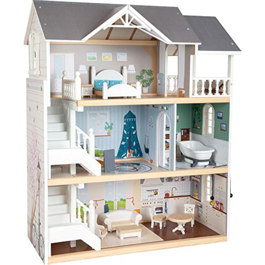 Small Foot 11802 Wooden Doll's House with 3 Floors, Open Front and Extensive Furniture, from 3 Years Toys, White Grey, 82 x 51.1 x 15 cm