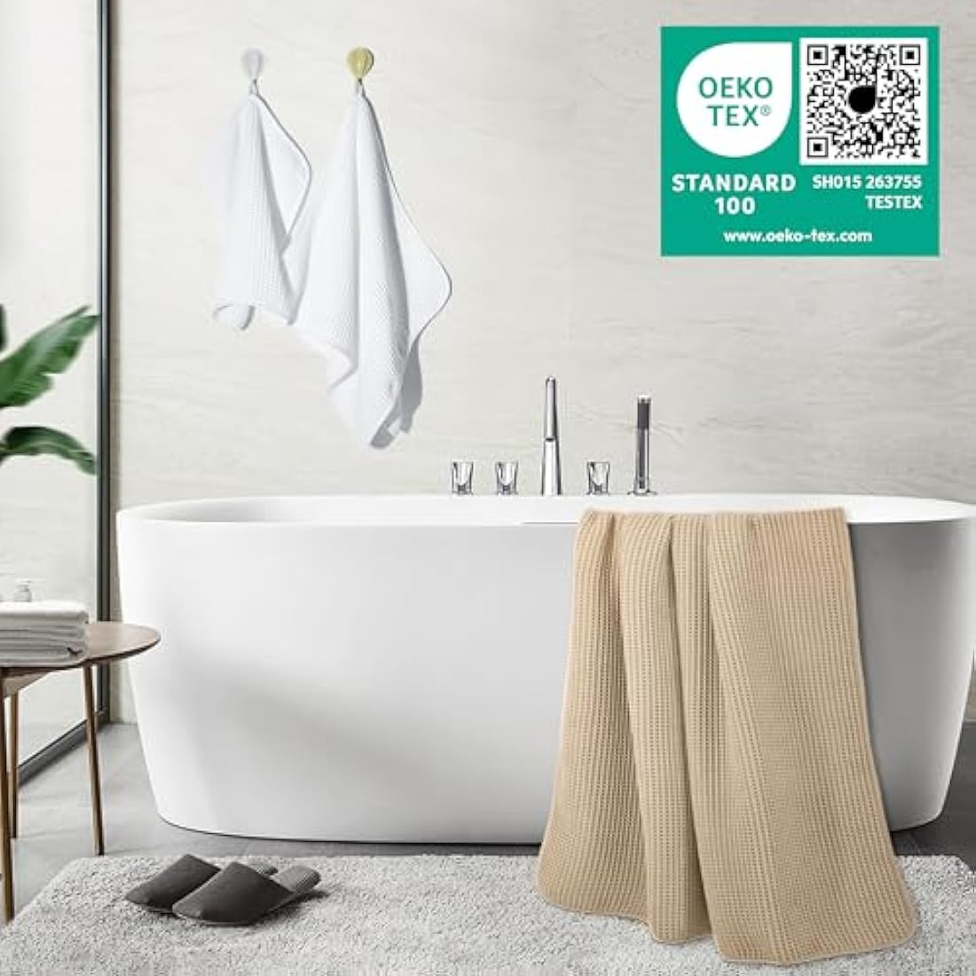POLYTE Microfibre Oversize, 76 x 152 cm, Quick Dry Lint Free Bath Towel Set, 6 Piece (White,Beige, Waffle Weave)
