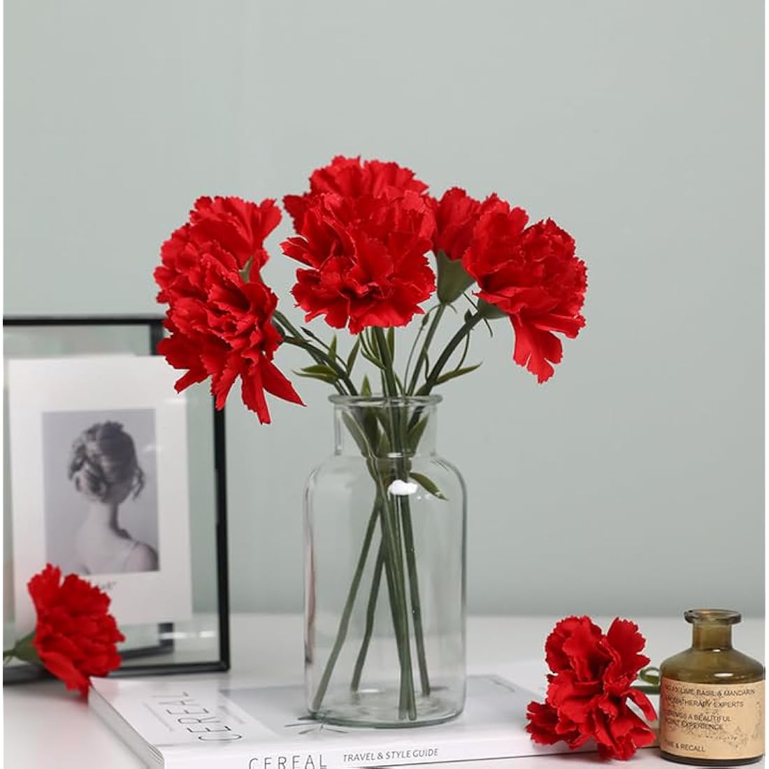 11 Inch Bouquets 10 Stem Carnations,Outdoor UV Resistant No Fade Artificial Flower,Mini Carnation Silk Petals Fake Flowers Forever Plants for Photo Props Home Party and Wedding Decor (Red-10)