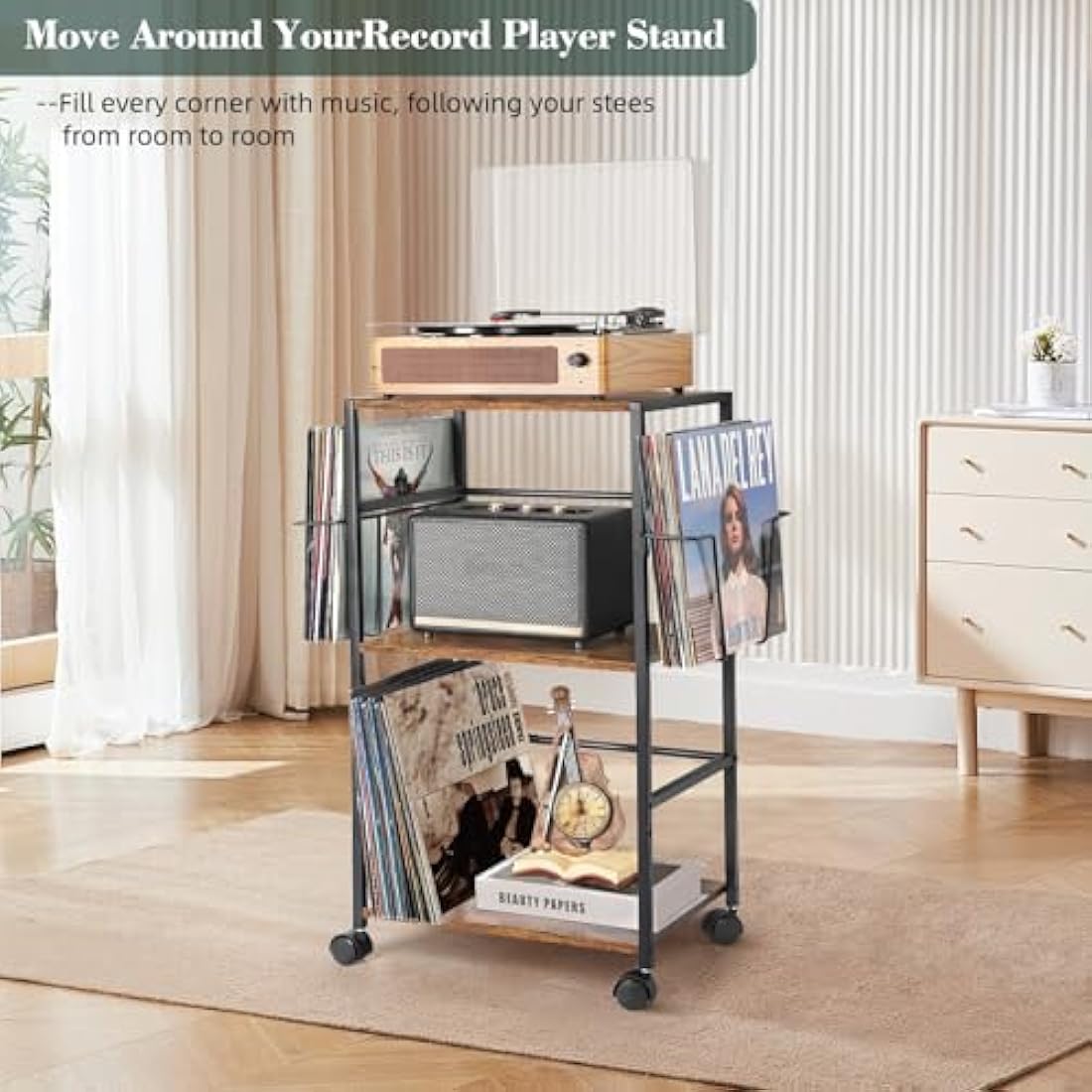 Bikoney Vinyl Record Storage, Rolling Side Table with Player Stand, Large End Table Cart Up to 150 Albums, Turntable Holder with 2 Display - Vinyl Storage for Living Room Bedroom Office