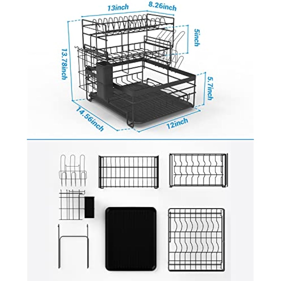 TONGKTAI Dish Drainer Rack, 3 Tier Drain Board Rack with Drip Tray, Detachable Stainless Steel Dish Drying Rack for Kitchen Countertop or Sink, Black