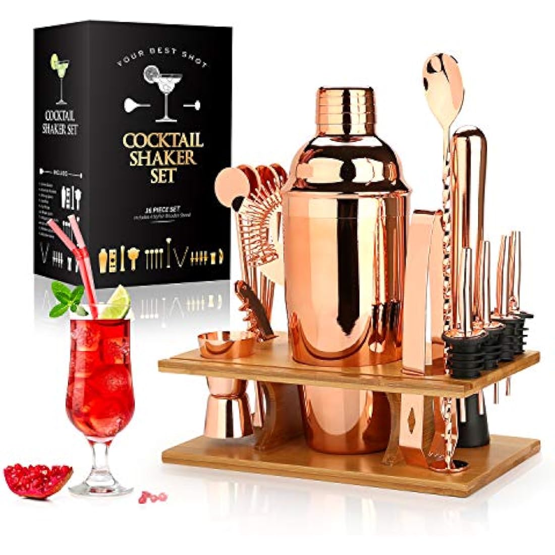 Cocktail Shaker Making Set: 16pcs Bartender Kit with Semicircle Eco Bamboo Stand - Stainless Steel Bar Tool Set Scandinavian Style Home DIY Kit