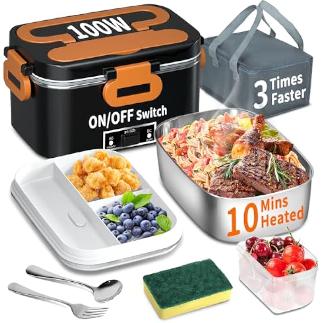 SOOOEC Electric Heated Lunch Box 100W - 3-in-1 1.8L Super Fast Portable Lunch Boxes Food Heater for Adults,12V/24V/110-220V Heating Lunch Box for Car Truck Office Home (Orange&Black)