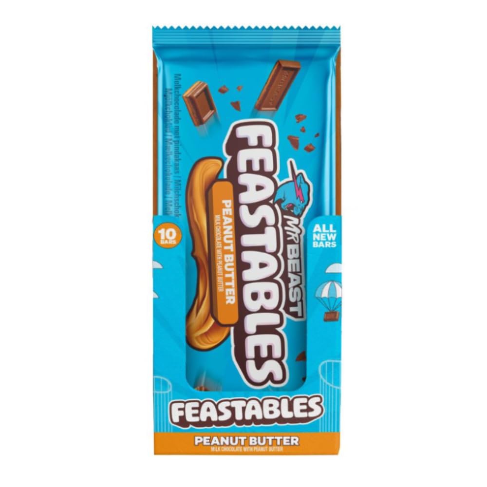 Feastables MrBeast Peanut Butter Chocolate Bar, 60g Each, Pack of 10 ? Smooth Chocolate with Creamy Peanut Butter Filling, Perfect for Gifting or
