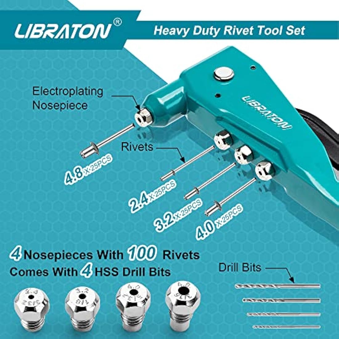 Libraton Heavy Duty Rivet Gun, Pop Rivet Gun Set, Professional Hand Riveter, Manual Riveting Tool with 100Pcs Rivets and 4 Interchangeable Heads, for Metal, Wooden and Plastic