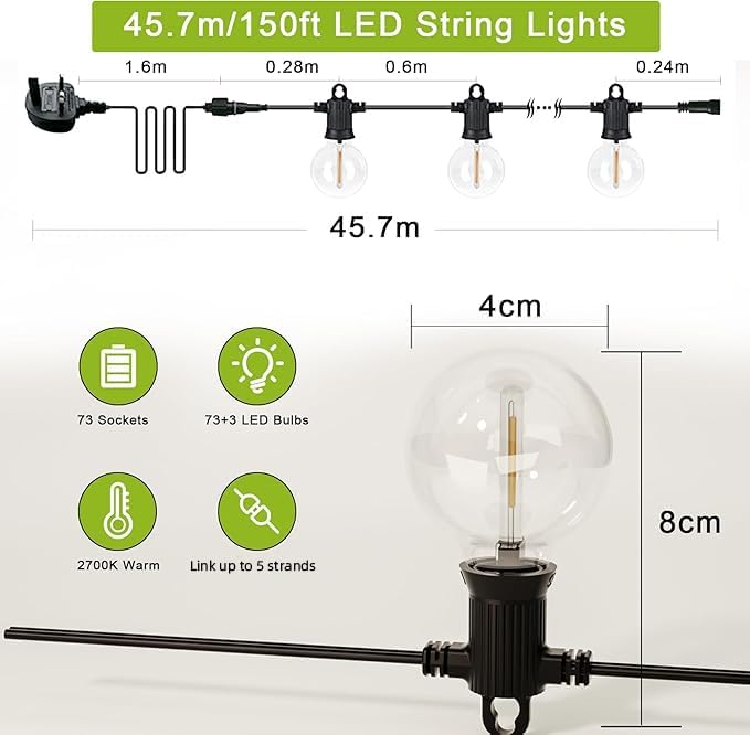 Kawaya Garden String Lights Mains Powered Outdoor Festoon Lights 45.7m / 150ft LED Outside Fairy Lights Waterproof with 73+3 Shatterproof Bulbs for Garden Gazebo Patio Festival Party Warm White