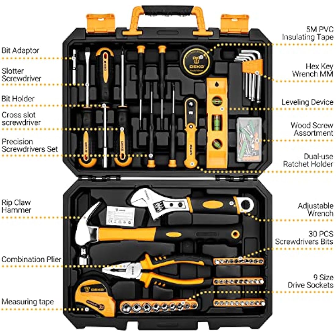 DEKO 100 Piece Home Repair Tool Set,General Household Hand Tool Kit with Plastic Tool Box Storage