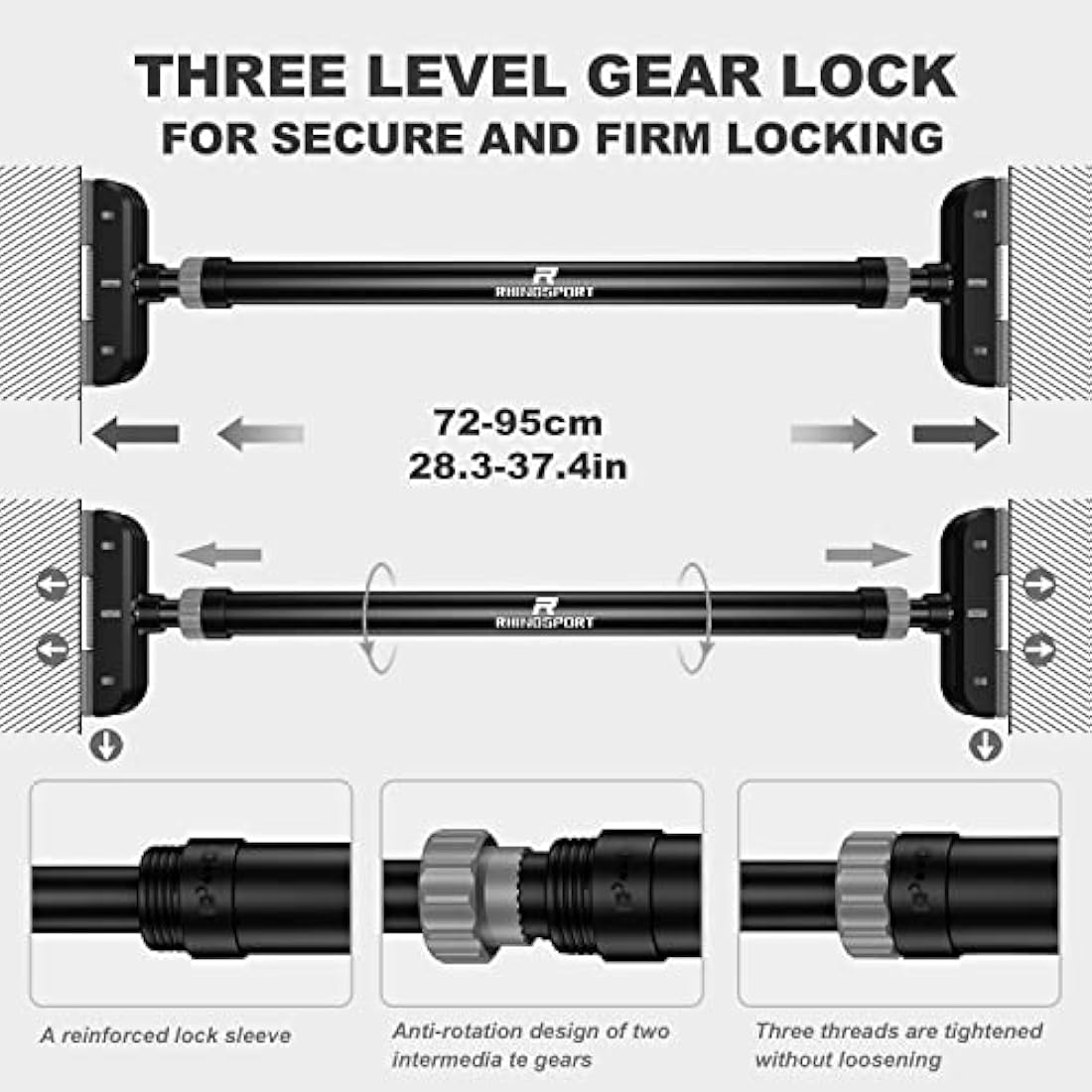 RHINOSPORT Door Pull Up Bar Doorway Chin Up Bar from 72-95 cm (28.3in-37.4in) Workout Equipment No Screws