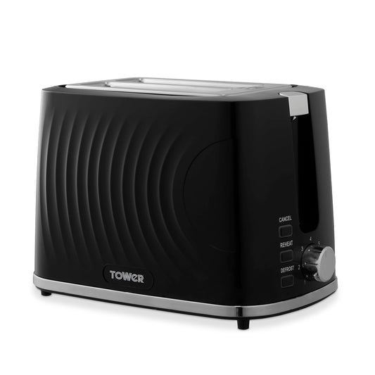 Tower T20090BLK Sonar 2-Slice Toaster with 7 Browning Levels, Defrost, Reheat & Cancel Settings, Removable Crumb Tray, 900W, Black