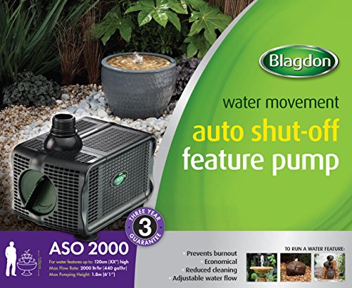 Blagdon Water Feature Pump with Auto Shut Off Sensor Prevents Burnout, Adjustable Flow Control, Reduced Cleaning, 3 Hose Fitting Adaptors, Pumps up to