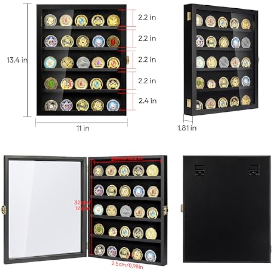 Military Challenge Coin Display Case, Coin Display Holder Wall Mount with Removable Shelves, Shadow Box for Medals Pin Badges Buttons