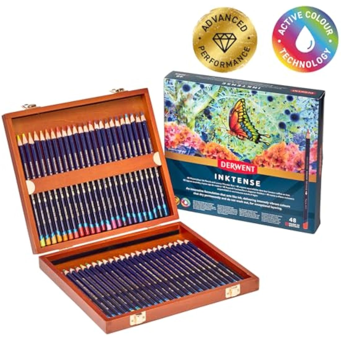 Derwent Inktense Permanent Watercolour Pencils, Set of 48 in a Wooden Gift Box, 4mm Premium Core, Water-Soluble, Ideal for Colouring, Painting and Crafting, Professional Quality (2300151)
