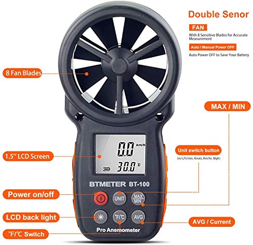 BTMETER BT-100 Digital Anemometer Handheld, Anemomters Wind Speed Meter for Measuring Wind Speed, Temperature and Wind Chill with Backlight and Max/Min/AVG for HVAC Shooting Drone