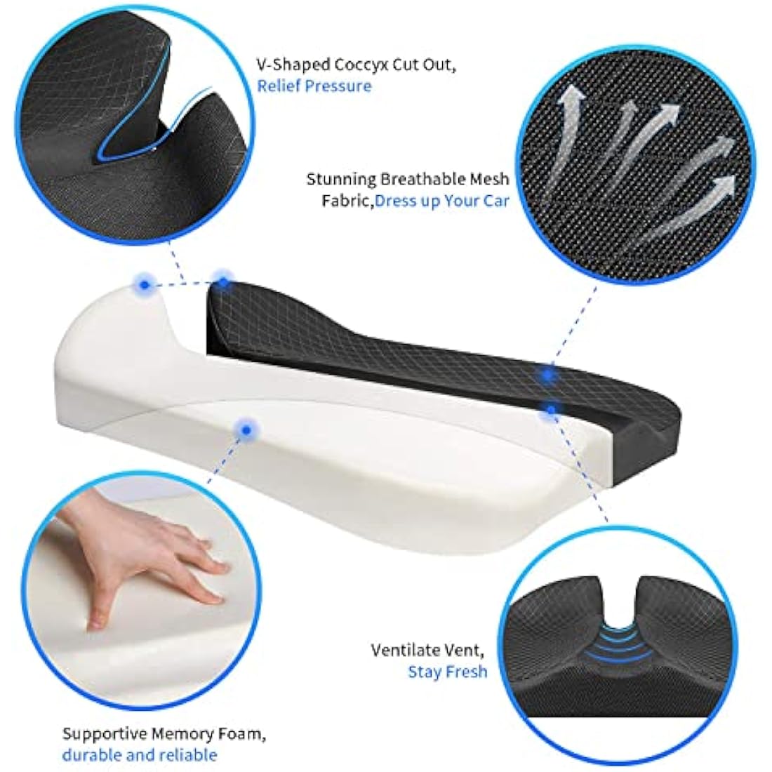 Seat Cushion for Car and Truck Driver Seat Office Chair Wheelchairs Orthopedic Ergonomic Memory Foam Coccyx Seat Sciatica Cushion for Tailbone Sciatica Relief Hemorrhoid Car Seat Pad