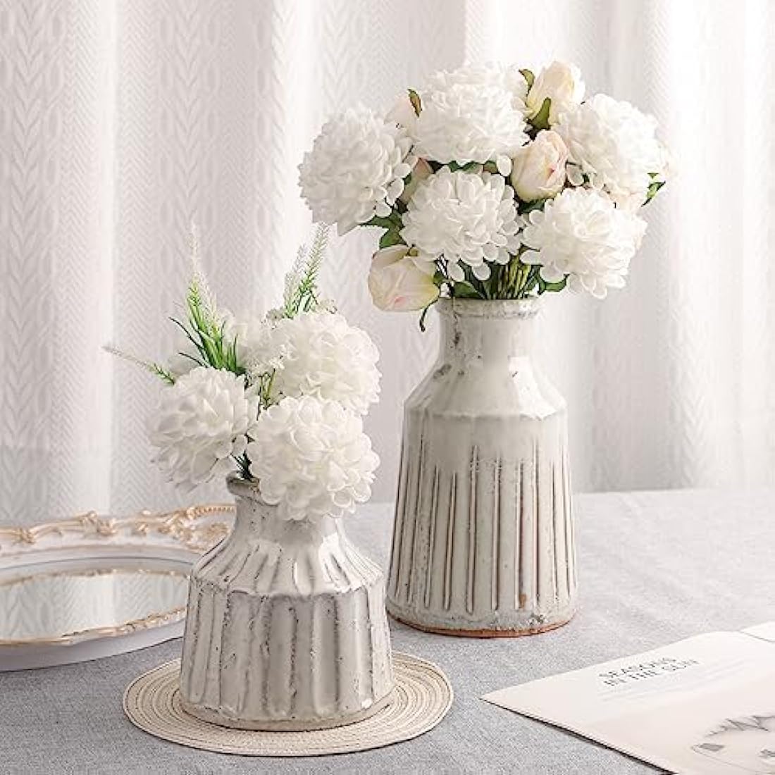 N&T NIETING Artificial Flowers 20pcs Fake Dahlia Flowers with Leaves and Stems, Foam Dahlia DIY Flower for Wedding Bouquets Floral Centerpieces Arrangements Shower Party Home Decor, White