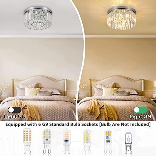 Rayofly Modern Crystal Chandeliers Ceiling Lights, 2-Tiers Crystal Flush Ceiling Lights, Chrome, 6-Lights G9, Elegant Glass Crystal Chandelier Lamps for Living Room, Hall, Bathroom, Bedroom, Foyer