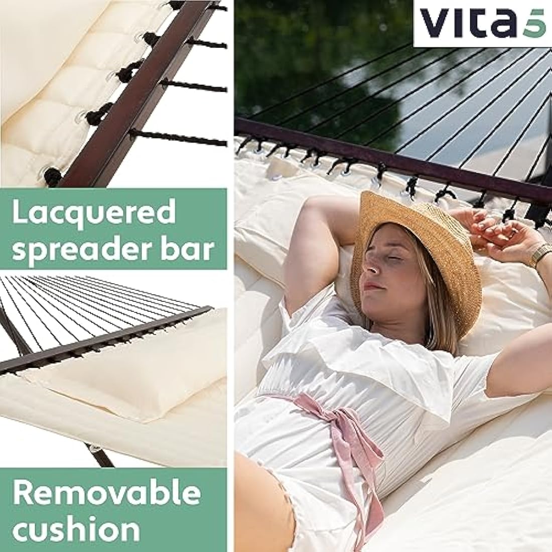 Vita5 Hammock Stand with Sidetable, Garden Hammocks 2 Persons, Side Table & Detachable Pillow, Heavy Duty 200kg Capacity, Indoor and Outdoor Hammock for Patio, Pool or Backyard (Beige)