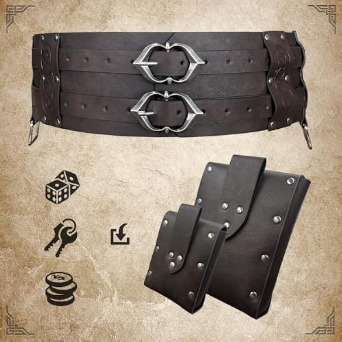 EpicCos 3PCs Medieval Fanny Pack Accessory Set, Renaissance Fanny Pack, Vintage Viking Wide Belt for LARP Events (Brown A)