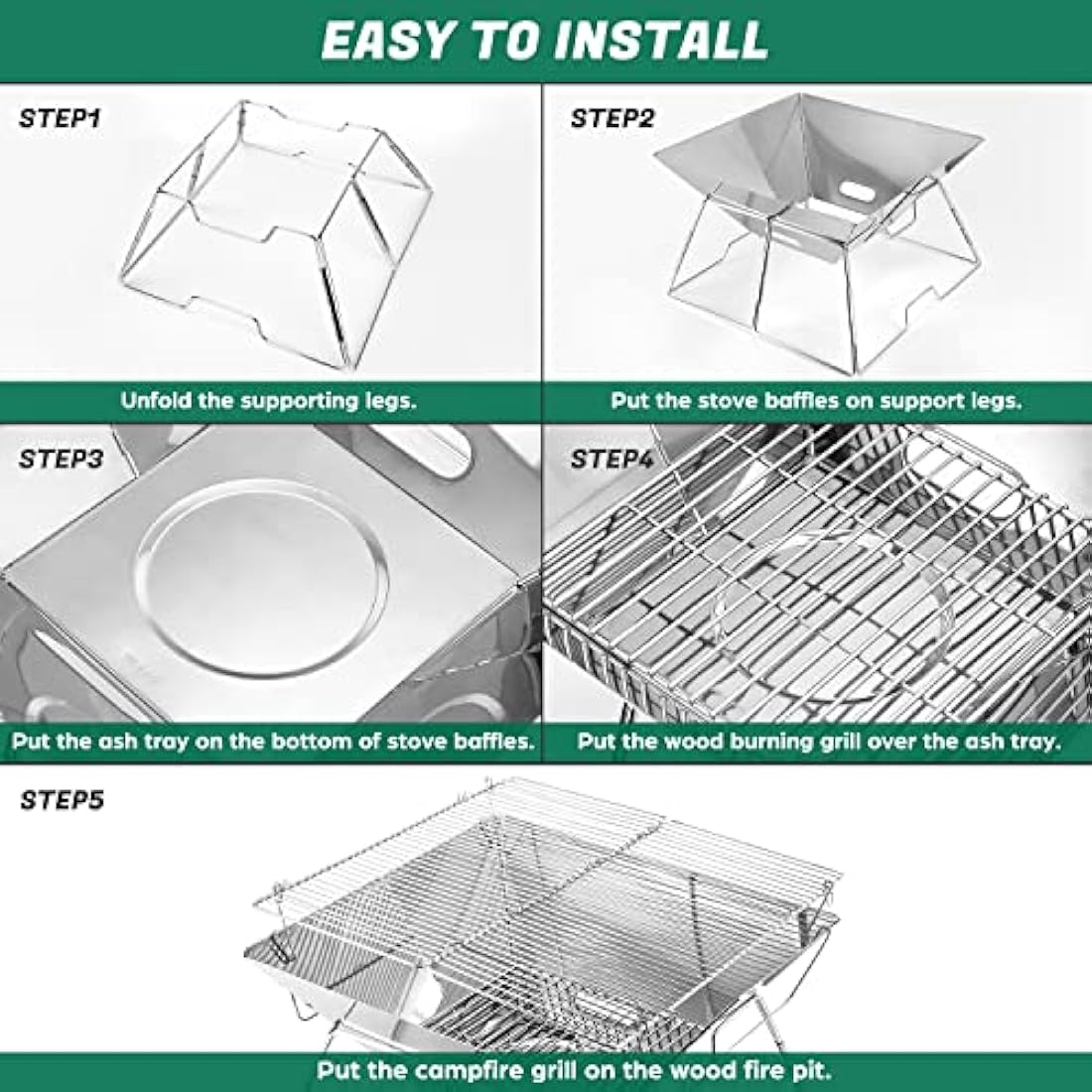 Odoland BBQ Fire Pit Portable Campfire Pit Collapsible Camping Grill Stainless Steel Barbecue for Camping Picnic Terrace Garden w/Carrying Bag L (43 * 43 * 31cm)