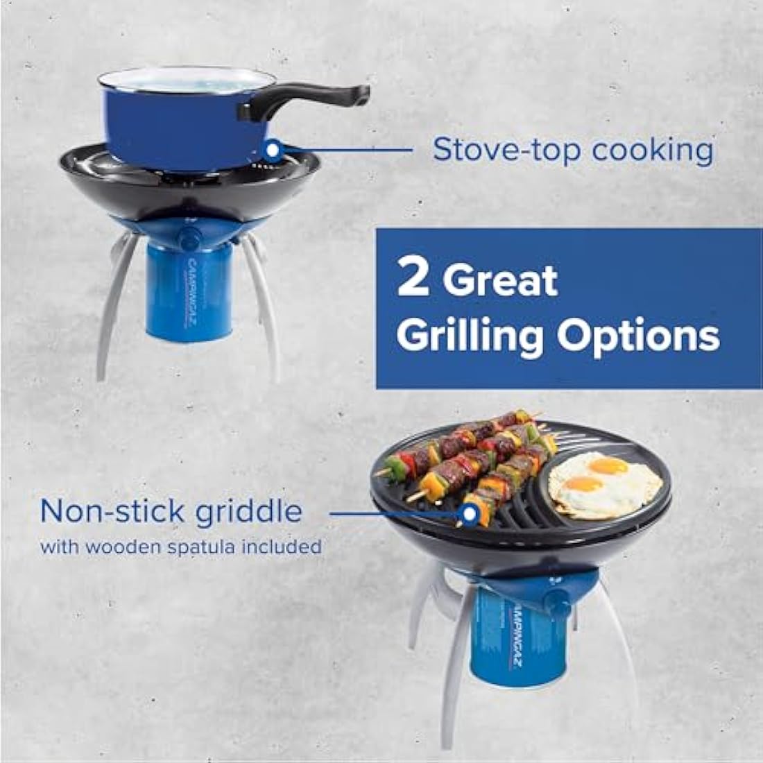 Campingaz Party Grill, Camping Stove and Grill, All-in-One Portable Camping BBQ, with Griddle, Grid and Pan Support, Black