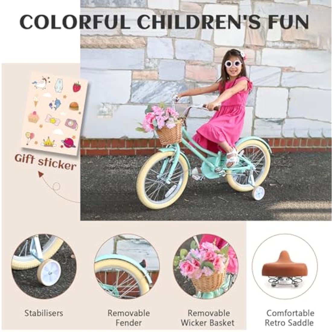 Glerc Little Molly 14 Inch Kids Retro Girls Bike for 2-13 Year Old with Wicker Basket & Stabilisers/Kickstand, Multiple Colors