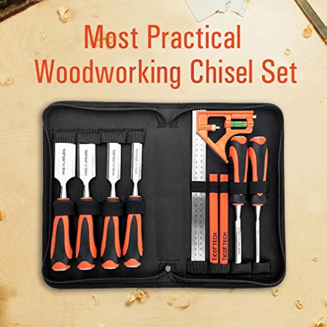 TICOFTECH Wood Chisel Set, 9 Pieces Chisel Set Woodworking Tools, with 6 Wood Chisels in Heated Tread Cr-V Alloy, 1 Combination Square, 2 Carpenter Pencils, Woodworking Tools and Accessories
