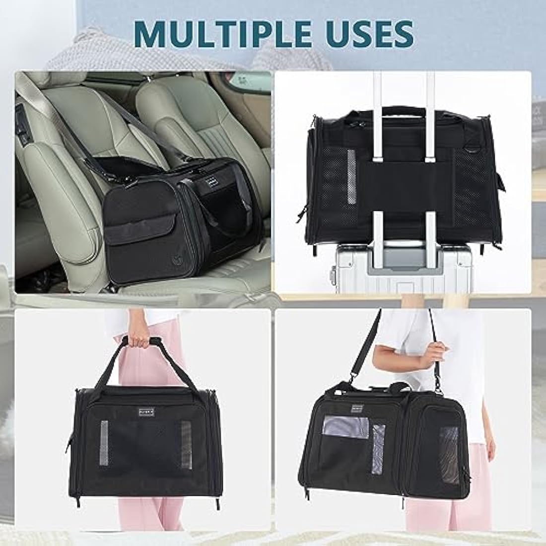 Petsfit Pet Carrier Large Cat Carrier Soft Sided, Dog Carriers with Expandable mat and Quadrangle Oxford Fabric Lightweight Pet Carrier Bag for Cat and Small Dogs，Black