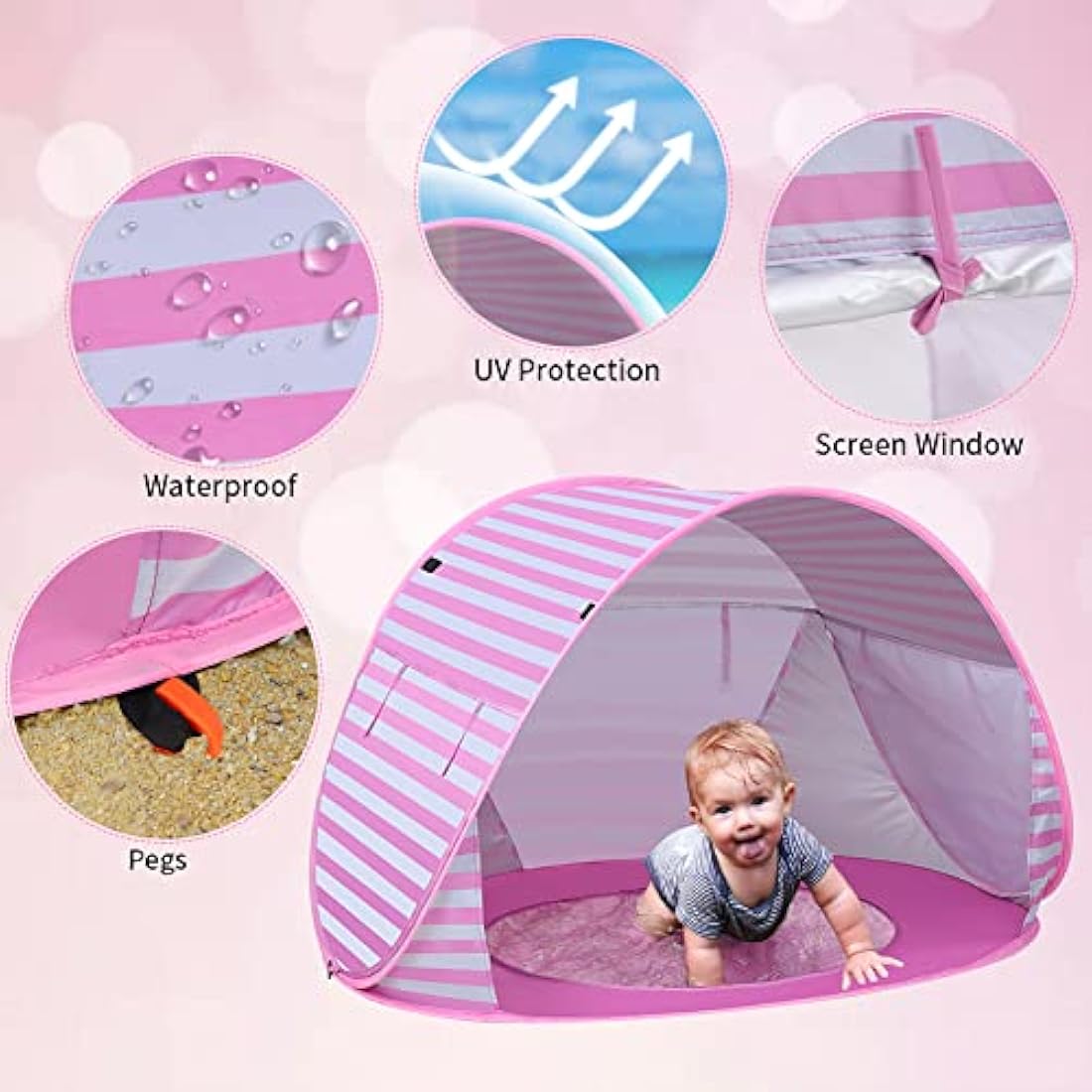 Pop up Beach Tent Outdoor Automatic UV Protection baby Portable Shade Sun Shelter Canopy Tent for Family Garden Camping Picnic (Pink)