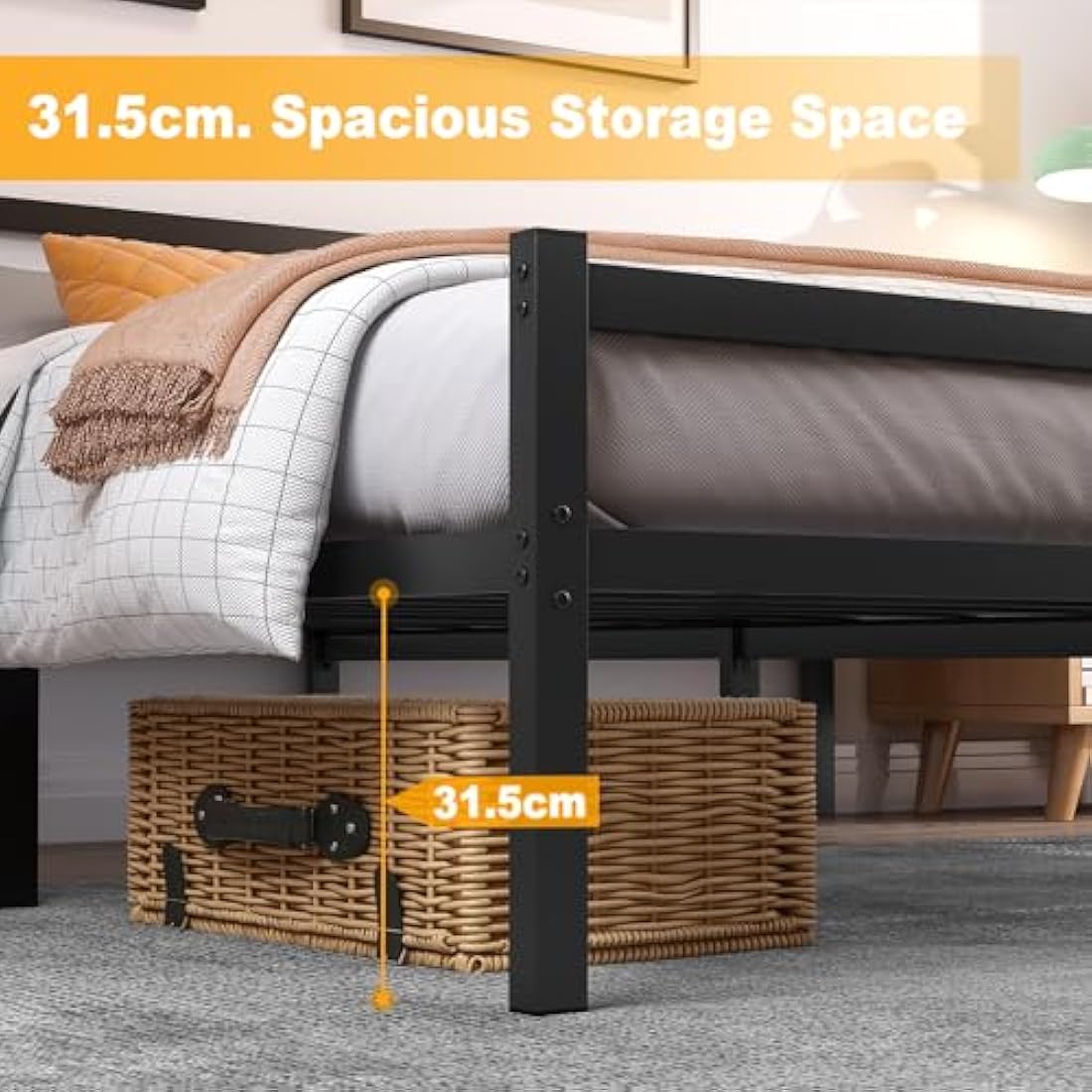 Yornoli Single Bed Frames with Headboard 3ft Black Metal Small Single Bed Frame with Storage for Adult Teenagers Heavy Duty Non-Slip with Steel Slats No Box Spring Needed