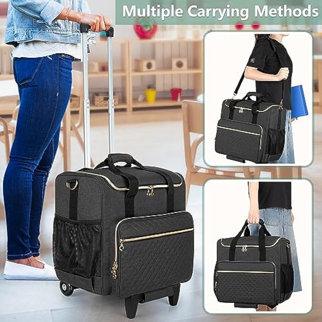 Luxja Rolling Teacher Bag with Laptop Compartment and Detachable Dolly, Multifunctional Rolling Teacher Tote Bag (Bag Only), Black