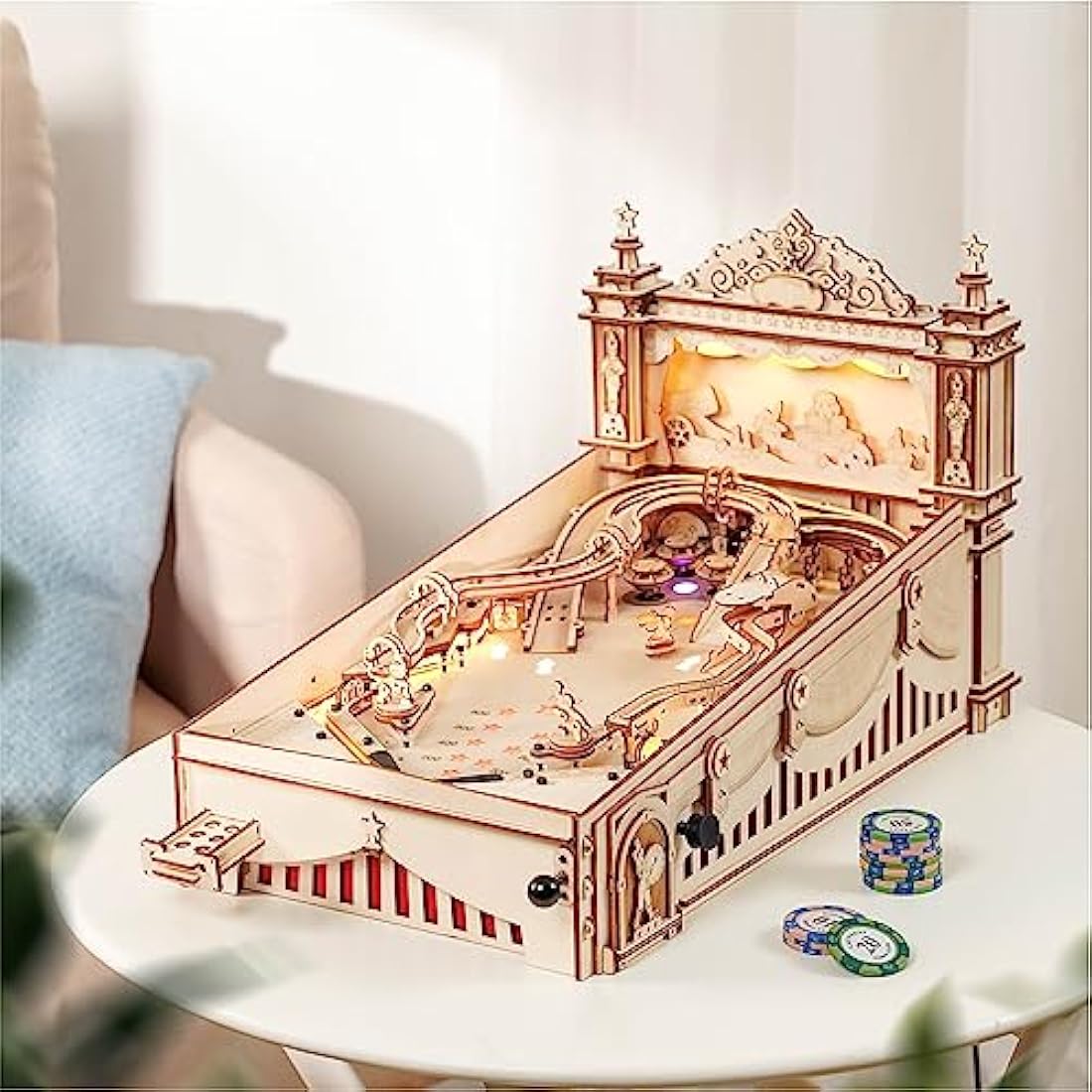 ROBOTIME 3D Pinball Machine Puzzle, Amusing Table Game, Mechanical Wooden Model Building Kits for Adult, Christmas Birthday Gifts and 14+ Teens