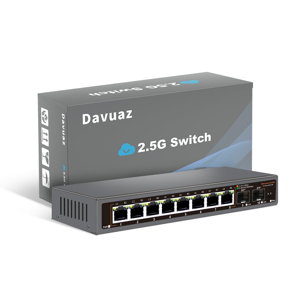 Davuaz -2.5G (Da-K10802WS) Unmanaged 2.5G Ethernet Switch with 8 Ports 2.5G Base-T and 2 Ports 10G SFP+, Compatible with 100/1000/2500Mbps, Plug &