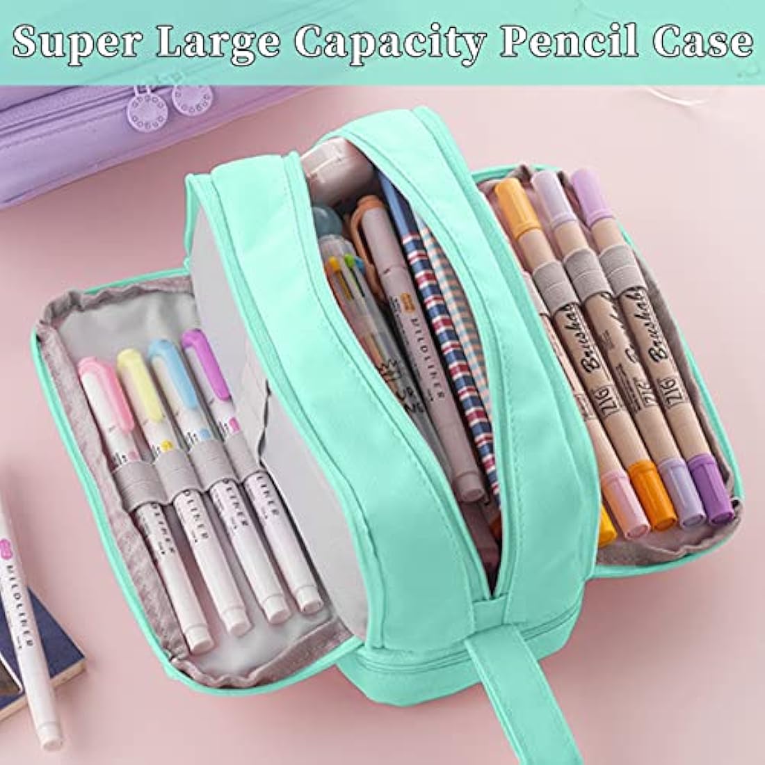 Tesmien Pencil Case, Large Pencil Case with 4 Compartments Stationery Organizer for Boys and Girls, Aesthetic Pencil Bag Suitable for Kids Teenagers Students Women Men, Green