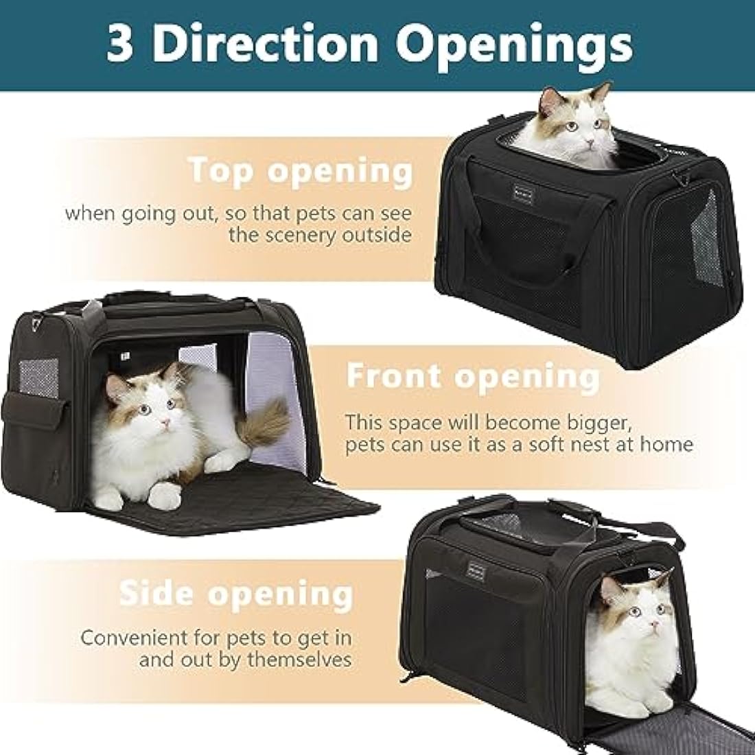 Petsfit Pet Carrier Large Cat Carrier Soft Sided, Dog Carriers with Expandable mat and Quadrangle Oxford Fabric Lightweight Pet Carrier Bag for Cat and Small Dogs，Black