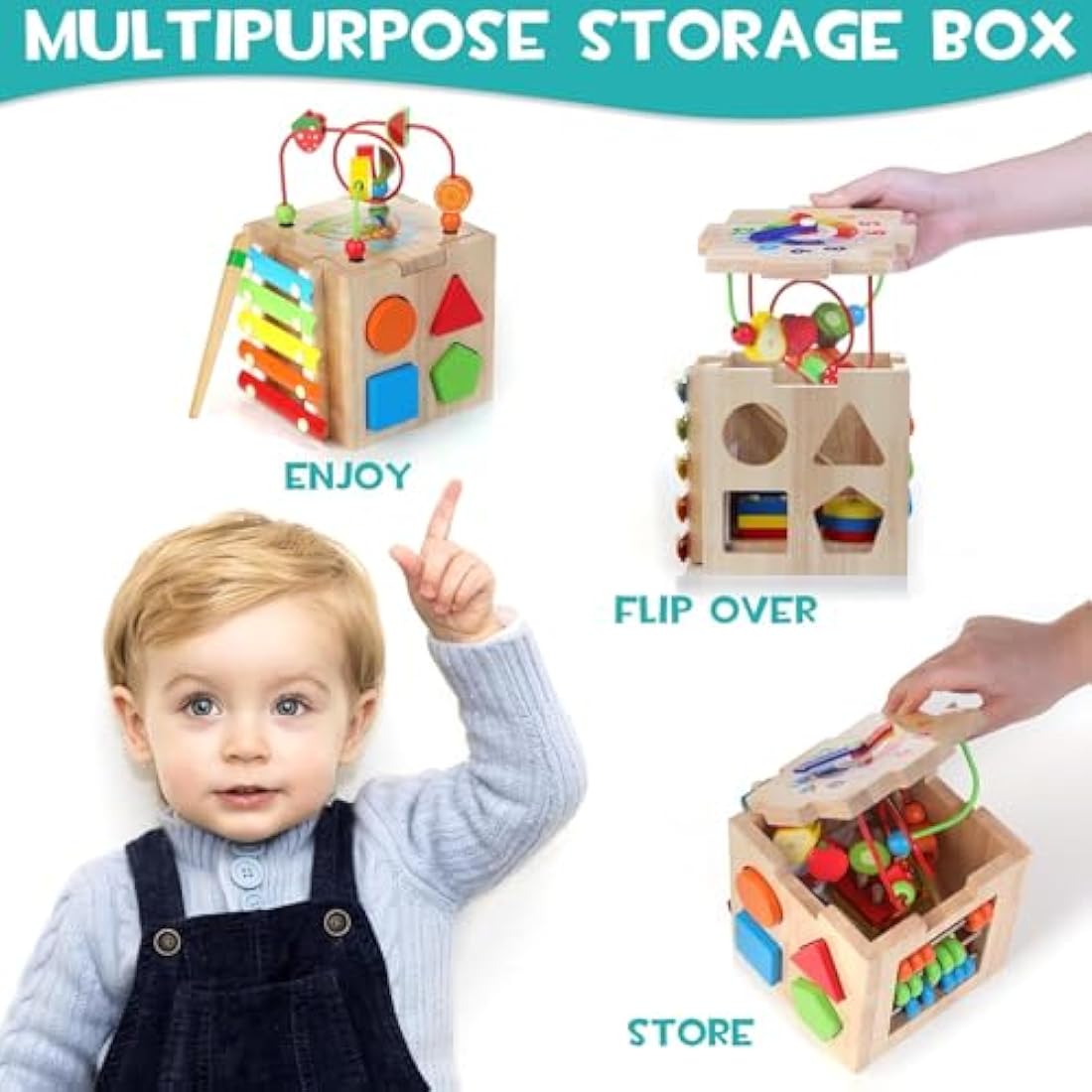 HELLOWOOD Wooden Activity Cube Baby Toys, 8-in-1 Montessori Educational Toy Set, Bead Maze Shape Sorter Abacus Xylophone Words & Clock Learning, STEM Toys for Boys Girls Toddlers Age 18 Months and up