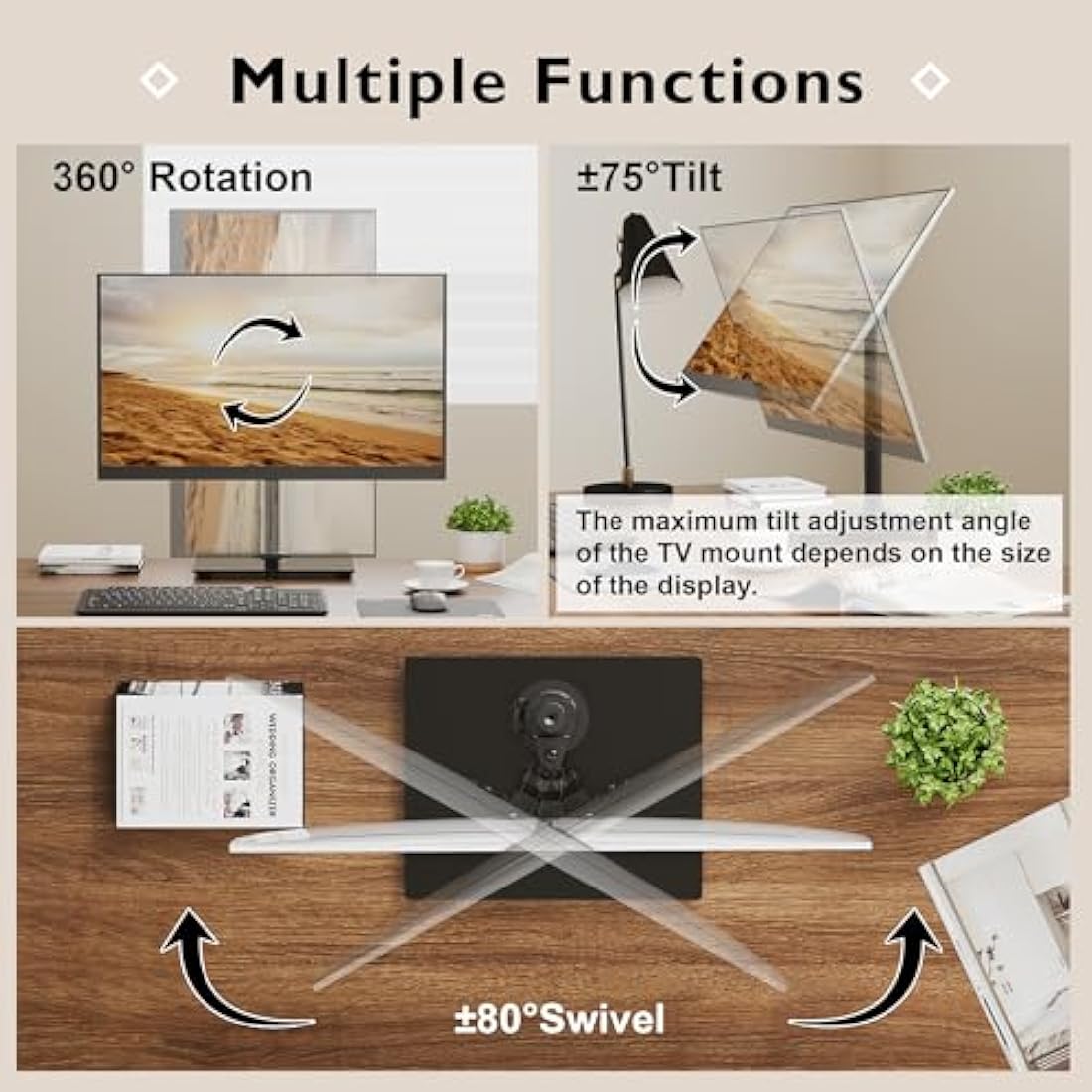BONTEC Single Arm Monitor Stand for 13-32 Inch Screens, Freestanding Monitor Mount with Glass Base Up to 10 KG, Adjustable Motion Tilt ±75° Swivel ±80° Rotation 360°, VESA 75/100mm