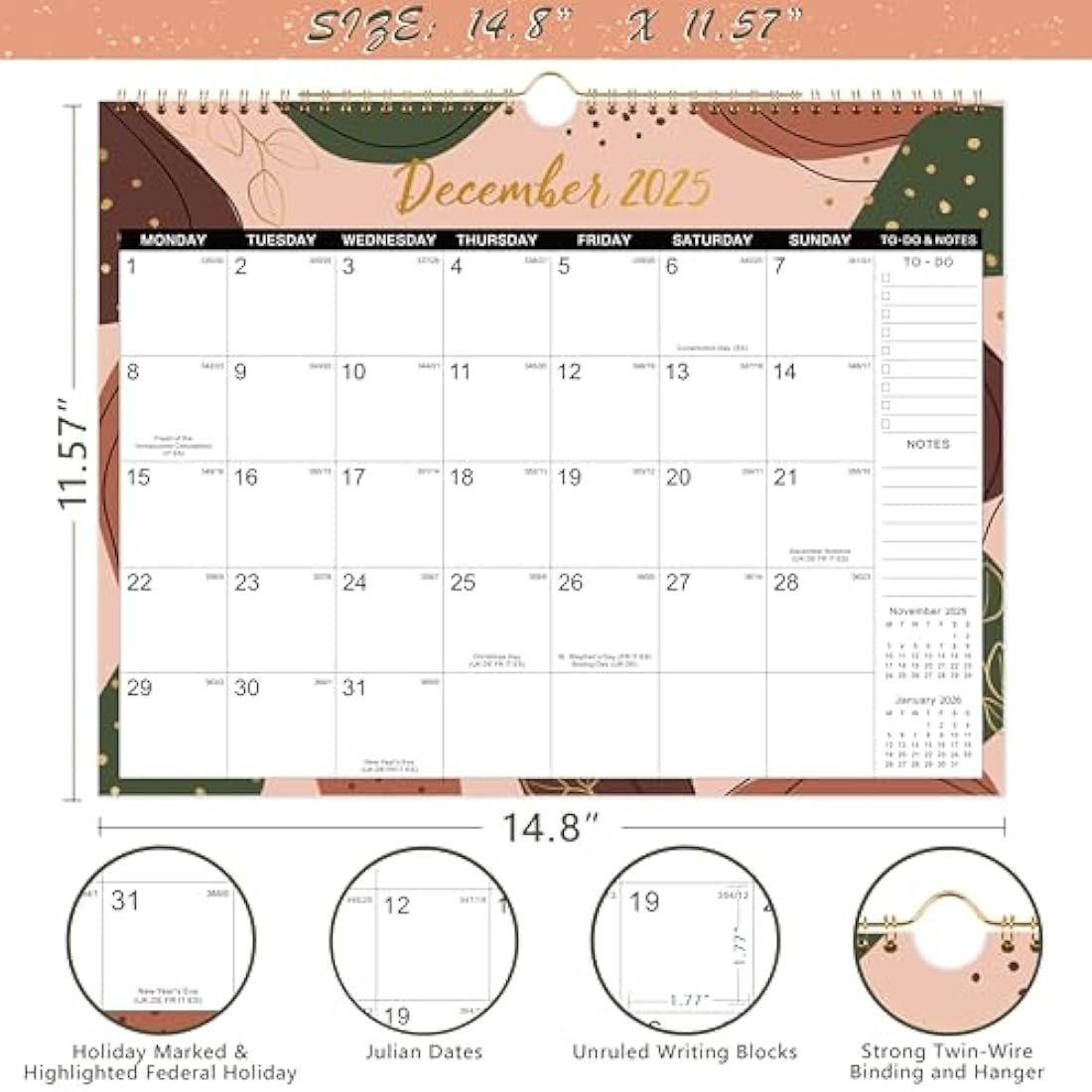 Calendar 2025-2026 - Wall Calendar 2025-2026, Calendar from July 2025 - December 2026, Large Ruled Blocks Perfect for Planning and Organizing for Home or Office, 37.6 x 29 cm