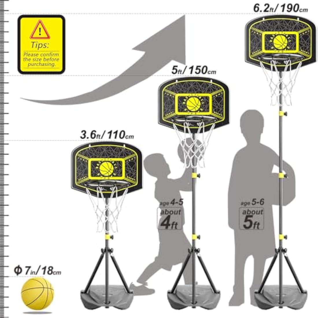 GILIKOKO Kids Basketball Hoop,Adjustable Height 3.6-6.2ft,Basketball Net Kids 3-5,4-8,Outdoor Indoor Toys Gifts for Boys or Girls at age 3 4 5 6 7 8,Steel Frame