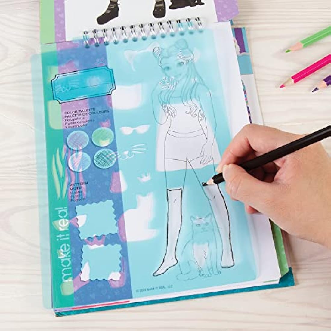 Make It Real Kitty Inspired Fashion Sketchbook with Stencils and Stickers for Creativity - Kids Arts and Crafts Colouring Book - Girls Gifts…