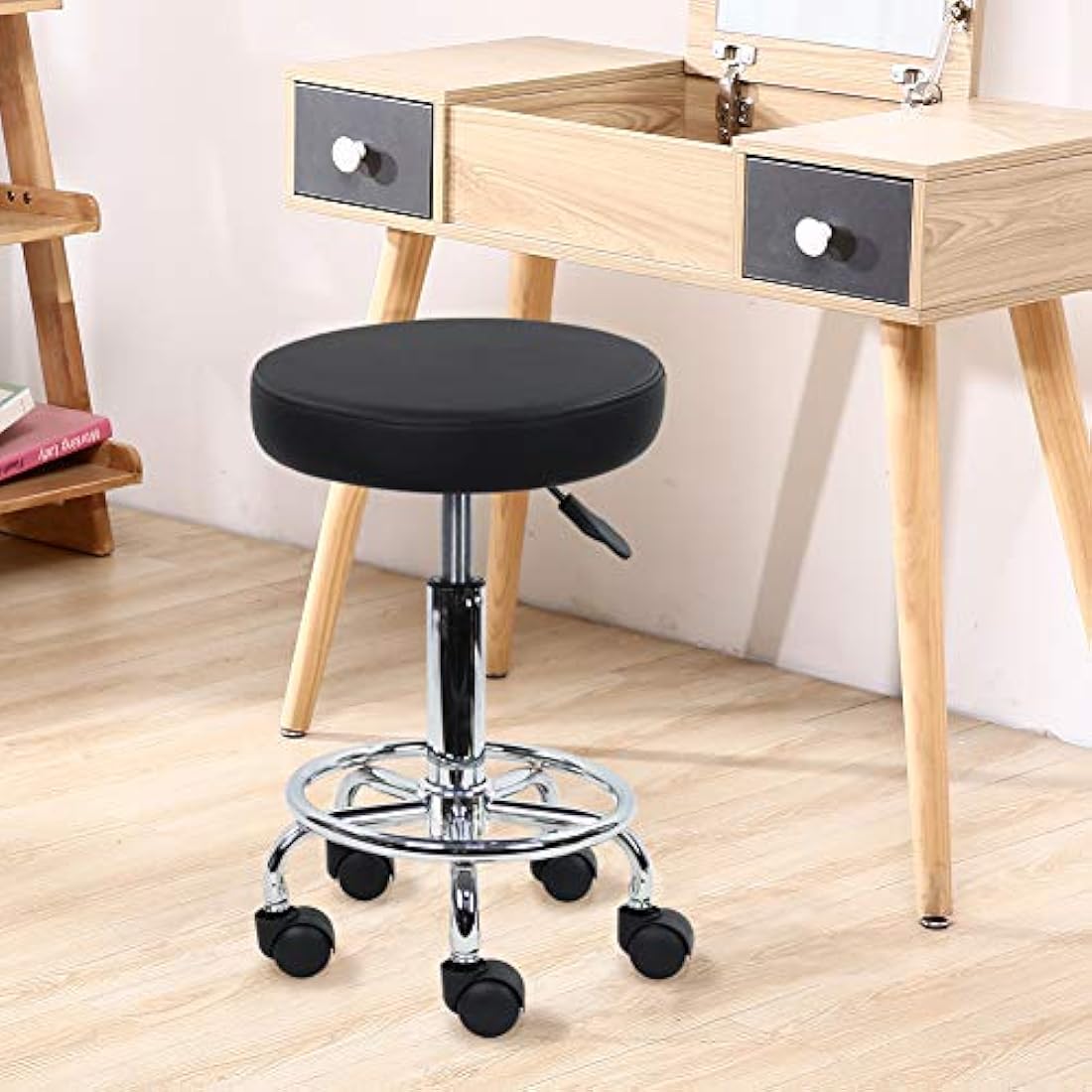 KKTONER PU Leather Round Rolling Stool with Foot Rest Swivel Height Adjustment Spa Drafting Salon Tattoo Work Office Massage Stools Task Chair Small (Black)