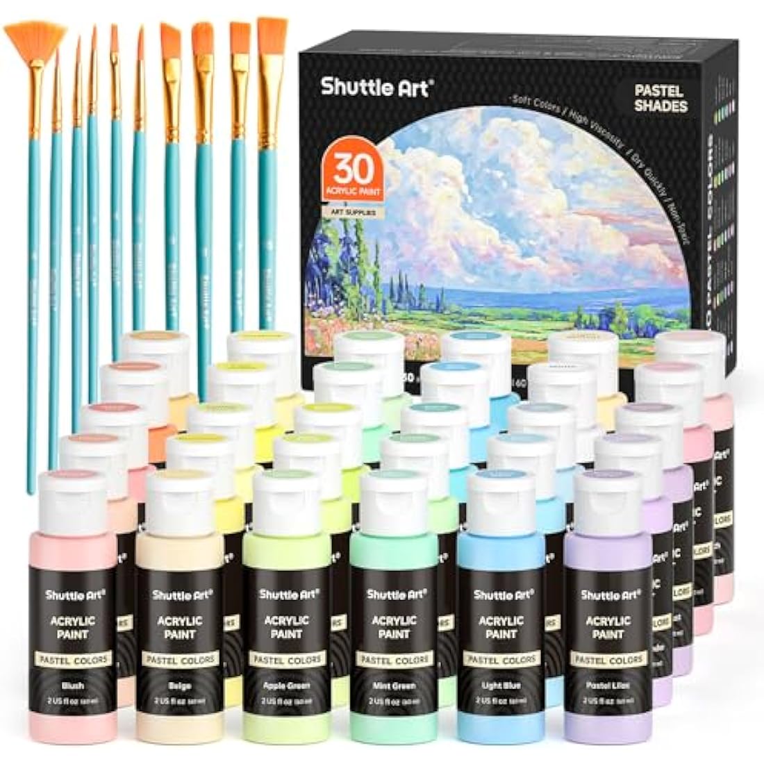 Shuttle Art 40 Pack Pastel Acrylic Paints Set, 30 Colours with 10 Paint Brushes, 60ml/2oz Bottle, High Viscosity, Waterproof for Painting & Crafting on Canvas, Rock, Ceramic, Fabric