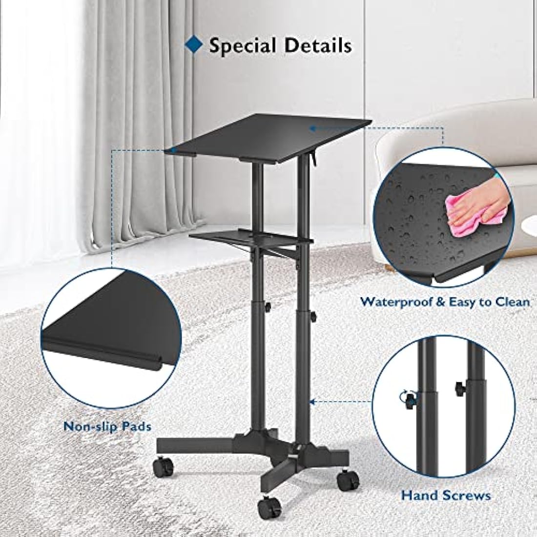 BONTEC Adjustable Mobile Laptop Desk, Rolling Stand-Up Desk with Wheels, 60x40 cm Height Adjustable, Portable Podium, Ergonomic Tilted Top Platform, Mobile Workstation for Home Office