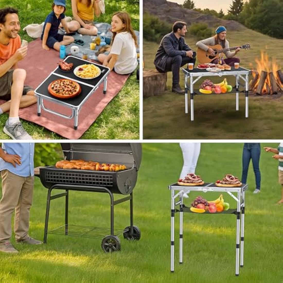 Anbte Folding Camping Table with Storage Net, 3 Adjustable Heights Aluminum Picnic Table, 2ft Portable Table Waterproof Lightweight, for Outdoor Indoor Garden Beach Backyard, 60cm x 40cm, black