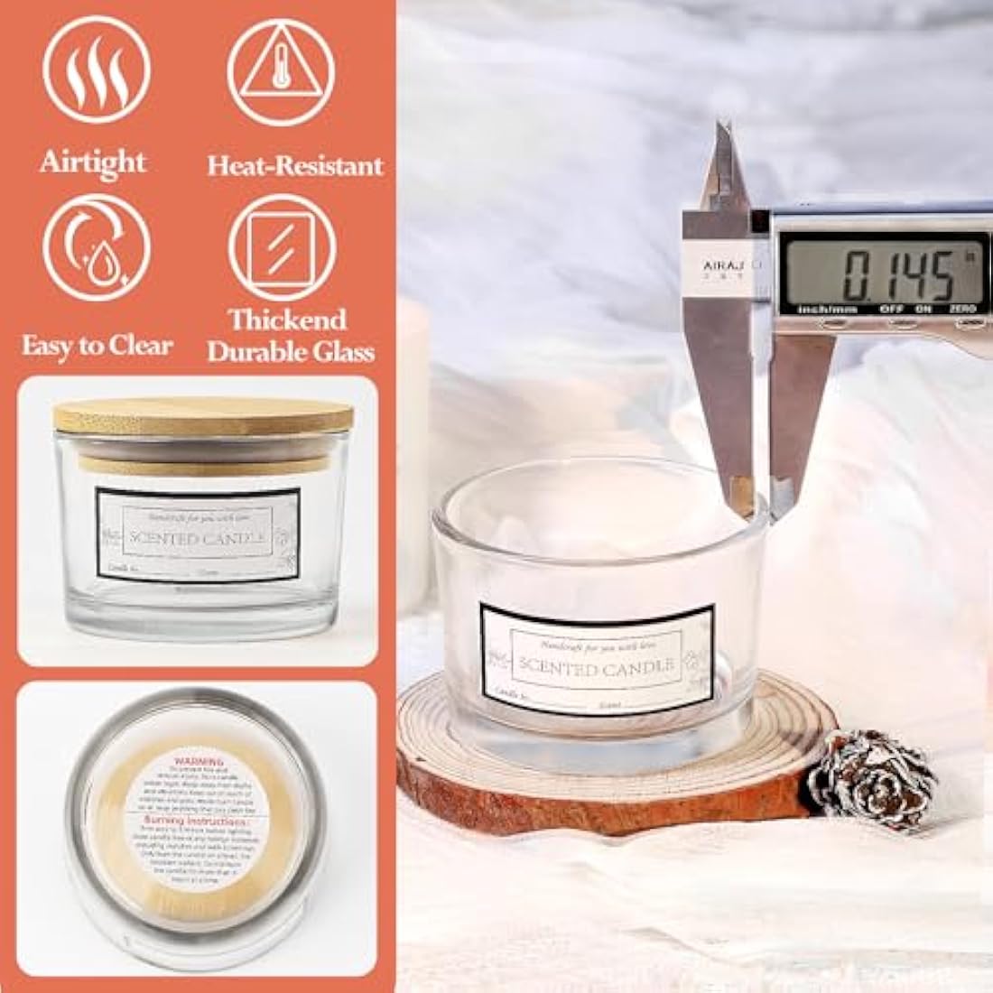 CONNOO 15 Pack 4 OZ Clear Glass Candle Jars with Airtight Bamboo Lids, Bulk Small Wide Mouth Empty Candle Containers with Sticky Warning Labels - Dishwasher Safe